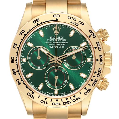 The Rolex Daytona 116508 Men's Yellow Gold Green Dial 116508 Men's Yellow Gold Green Dial watch is shown from the front, displaying the dial, bezel, and chronograph subdials.