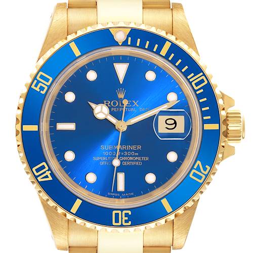 The Rolex Submariner 16618 Men's Yellow Gold Blue Dial 16618 Men's Yellow Gold Blue Dial watch is shown from the front, highlighting its blue dial, bezel, and the date feature prominently.