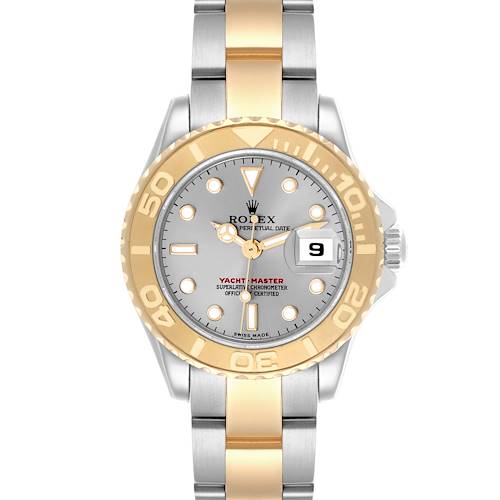 The Rolex Yacht-Master 169623 Women's Steel and Gold (two tone) Silver Dial 169623 Women's Steel and Gold (two tone) Silver Dial watch is shown from a front angle, displaying the face, bezel, and two-tone bracelet.