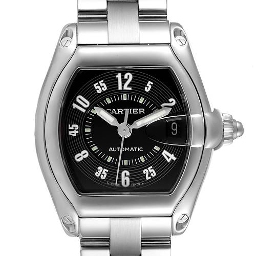 The image shows a Cartier Roadster W62004V3 Men's Stainless Steel Black Dial W62004V3 Men's Stainless Steel Black Dial watch face and part of its stainless steel bracelet from a top-down angle.