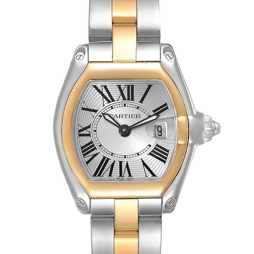 The image shows a front view of the Cartier Roadster W62026Y4 Women's Steel and Gold (two tone) Silver Dial W62026Y4 Women's Steel and Gold (two tone) Silver Dial watch, highlighting its face and part of the bracelet.