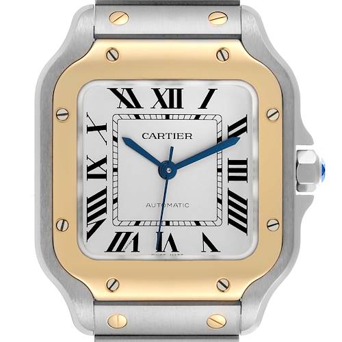 The Cartier Santos W2SA0016 Men's Steel and Gold (two tone) Silver Dial W2SA0016 Men's Steel and Gold (two tone) Silver Dial watch is shown from the front, highlighting the face and bezel.