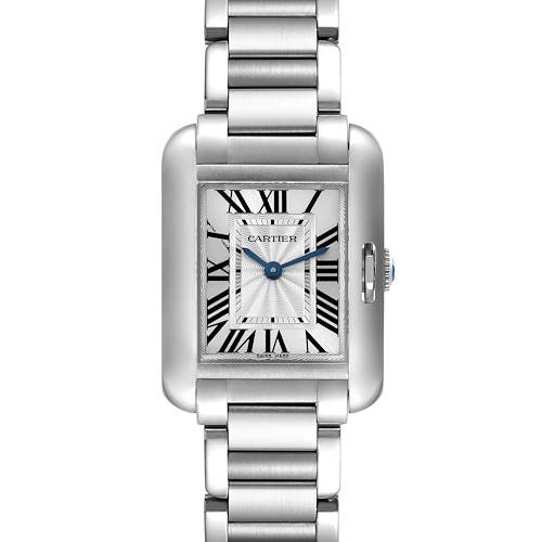 The Cartier Tank Anglaise W5310022 Women's Stainless Steel Silver Dial W5310022 Women's Stainless Steel Silver Dial watch is shown from a front angle, displaying its rectangular face, Roman numerals, and metal bracelet.
