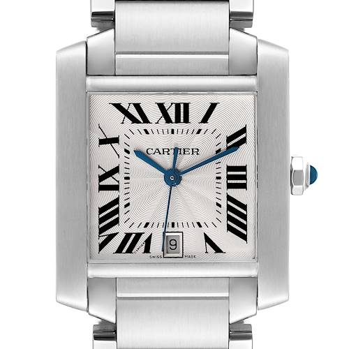 The image shows a frontal close-up view of the Cartier Tank Francaise W51002Q3 Men's Stainless Steel Silver Dial W51002Q3 Men's Stainless Steel Silver Dial watch, highlighting the face, Roman numerals, and bracelet.
