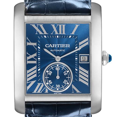 The Cartier Tank MC WSTA0010 Men's Stainless Steel Blue Dial WSTA0010 Men's Stainless Steel Blue Dial watch is shown with a front view, highlighting its blue dial and roman numerals.