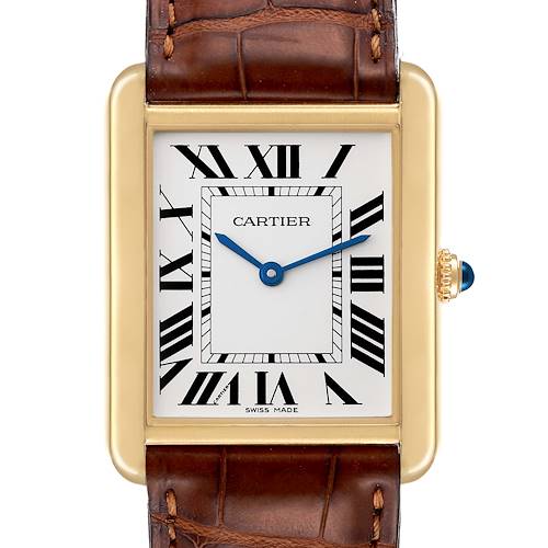 The Cartier Tank Solo W5200004 Men's Yellow Gold Silver Dial W5200004 Men's Yellow Gold Silver Dial watch is shown from a straight-on angle, highlighting the face, Roman numerals, blue hands, and leather strap.