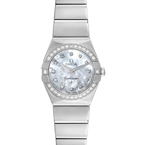 The Omega 123.15.24.60.55.005 Women's Stainless Steel Mother of Pearl Dial 123.15.24.60.55.005 Women's Stainless Steel Mother of Pearl Dial Constellation 24mm MOP Diamond Watch model 123.15.24.60.55.005 is shown from a direct top-down angle.