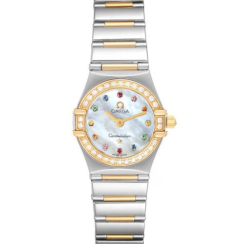A front view of the Omega 1365.79.00 Women's Steel and Gold (two tone) Mother of Pearl Dial 1365.79.00 Women's Steel and Gold (two tone) Mother of Pearl Dial Constellation Iris Steel Yellow Gold Multi Stone Watch 1365.79.00, highlighting its face, bezel, and bracelet.