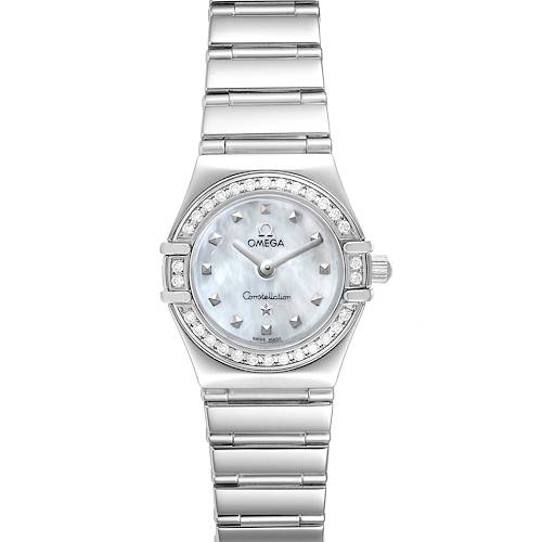 The image shows a front view of the Omega 1465.71.00 Women's Stainless Steel Mother of Pearl Dial 1465.71.00 Women's Stainless Steel Mother of Pearl Dial Constellation My Choice Diamond Steel Ladies Watch model 1465.71.00.