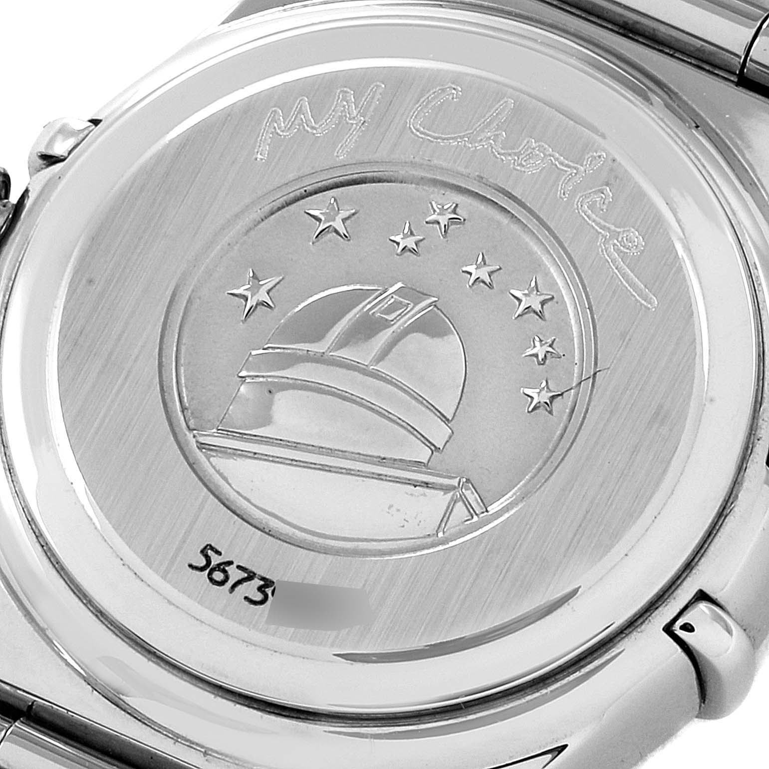 This image shows the back of the Omega 1465.71.00 Women's Stainless Steel Mother of Pearl Dial 1465.71.00 Women's Stainless Steel Mother of Pearl Dial Constellation My Choice Diamond Steel Ladies Watch 1465.71.00, featuring the emblem and engraved details.