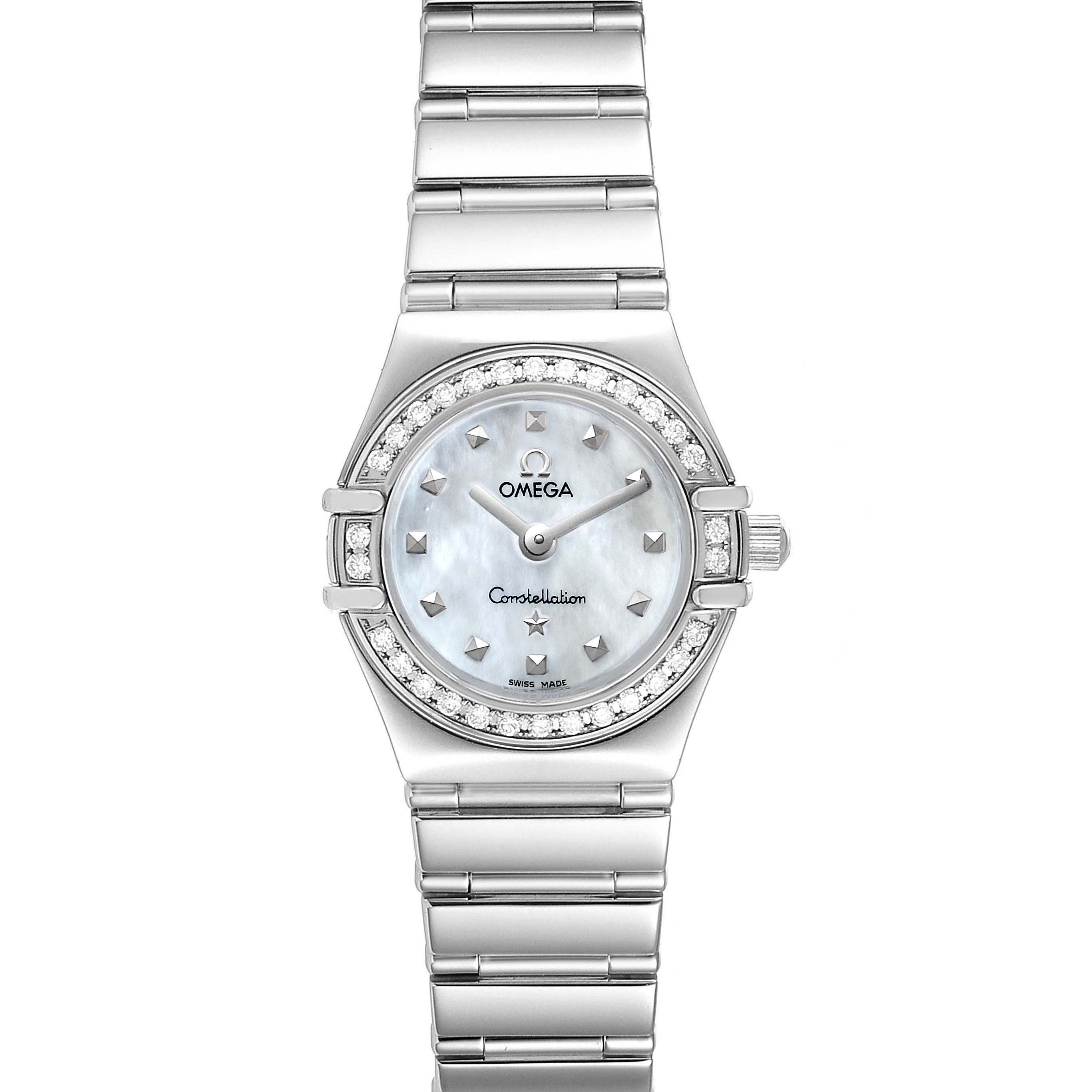 The image shows a full front view of the Omega 1465.71.00 Women's Stainless Steel Mother of Pearl Dial 1465.71.00 Women's Stainless Steel Mother of Pearl Dial Constellation My Choice Diamond Steel Ladies Watch 1465.71.00.