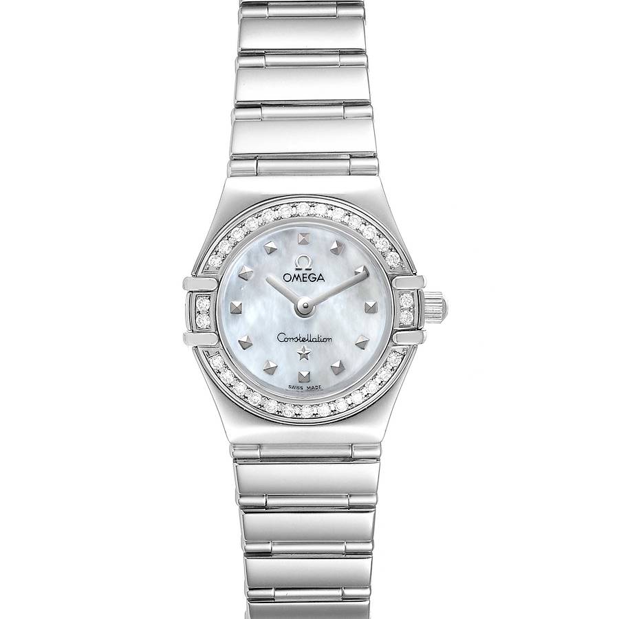 The image shows a full front view of the Omega 1465.71.00 Women's Stainless Steel Mother of Pearl Dial 1465.71.00 Women's Stainless Steel Mother of Pearl Dial Constellation My Choice Diamond Steel Ladies Watch 1465.71.00.