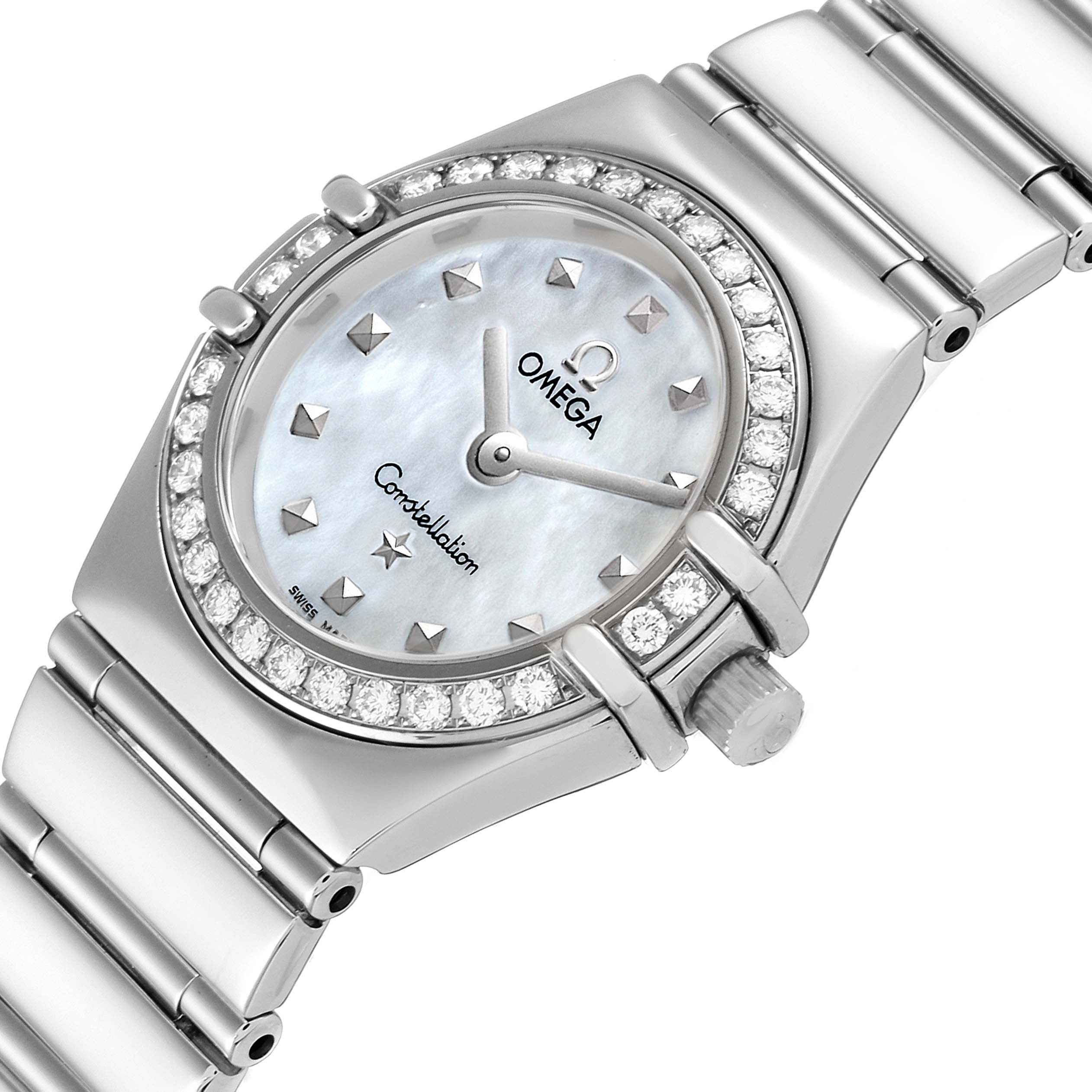 The image shows a close-up of the Omega 1465.71.00 Women's Stainless Steel Mother of Pearl Dial 1465.71.00 Women's Stainless Steel Mother of Pearl Dial Constellation My Choice Diamond Steel Ladies Watch model 1465.71.00, focusing on the dial and bracelet.
