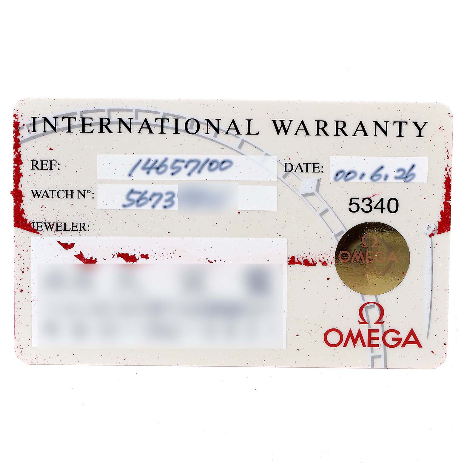 This image shows the International Warranty card for the Omega 1465.71.00 Women's Stainless Steel Mother of Pearl Dial 1465.71.00 Women's Stainless Steel Mother of Pearl Dial Constellation My Choice Diamond Steel Ladies Watch 1465.71.00.