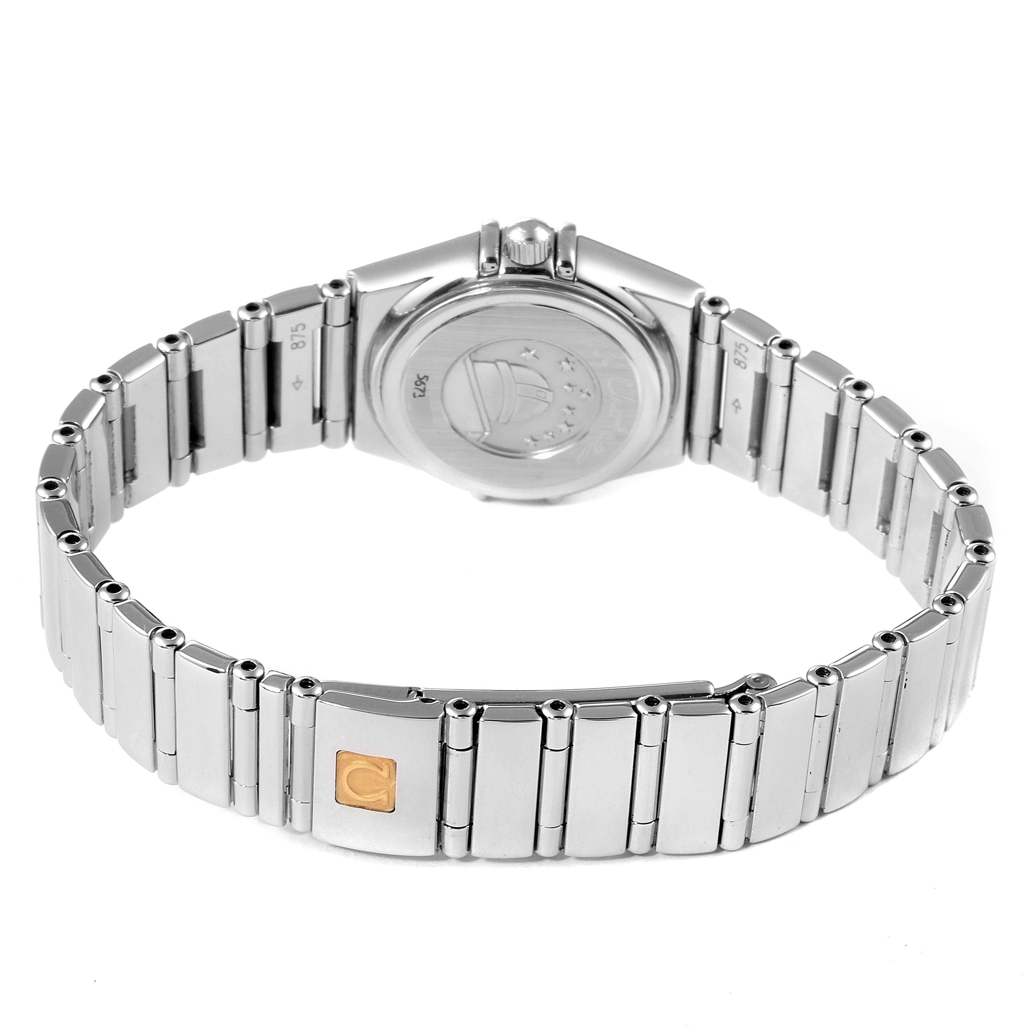 The image shows the back view of the Omega 1465.71.00 Women's Stainless Steel Mother of Pearl Dial 1465.71.00 Women's Stainless Steel Mother of Pearl Dial Constellation My Choice Diamond Steel Ladies Watch 1465.71.00, including the bracelet and case back.