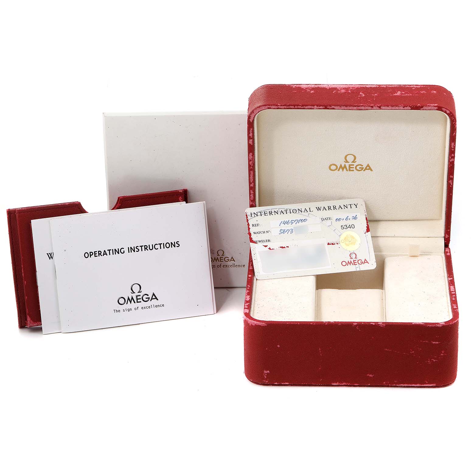 The image shows the box, warranty card, and operating instructions for the Omega 1465.71.00 Women's Stainless Steel Mother of Pearl Dial 1465.71.00 Women's Stainless Steel Mother of Pearl Dial Constellation My Choice Diamond Steel Ladies Watch 1465.71.00.