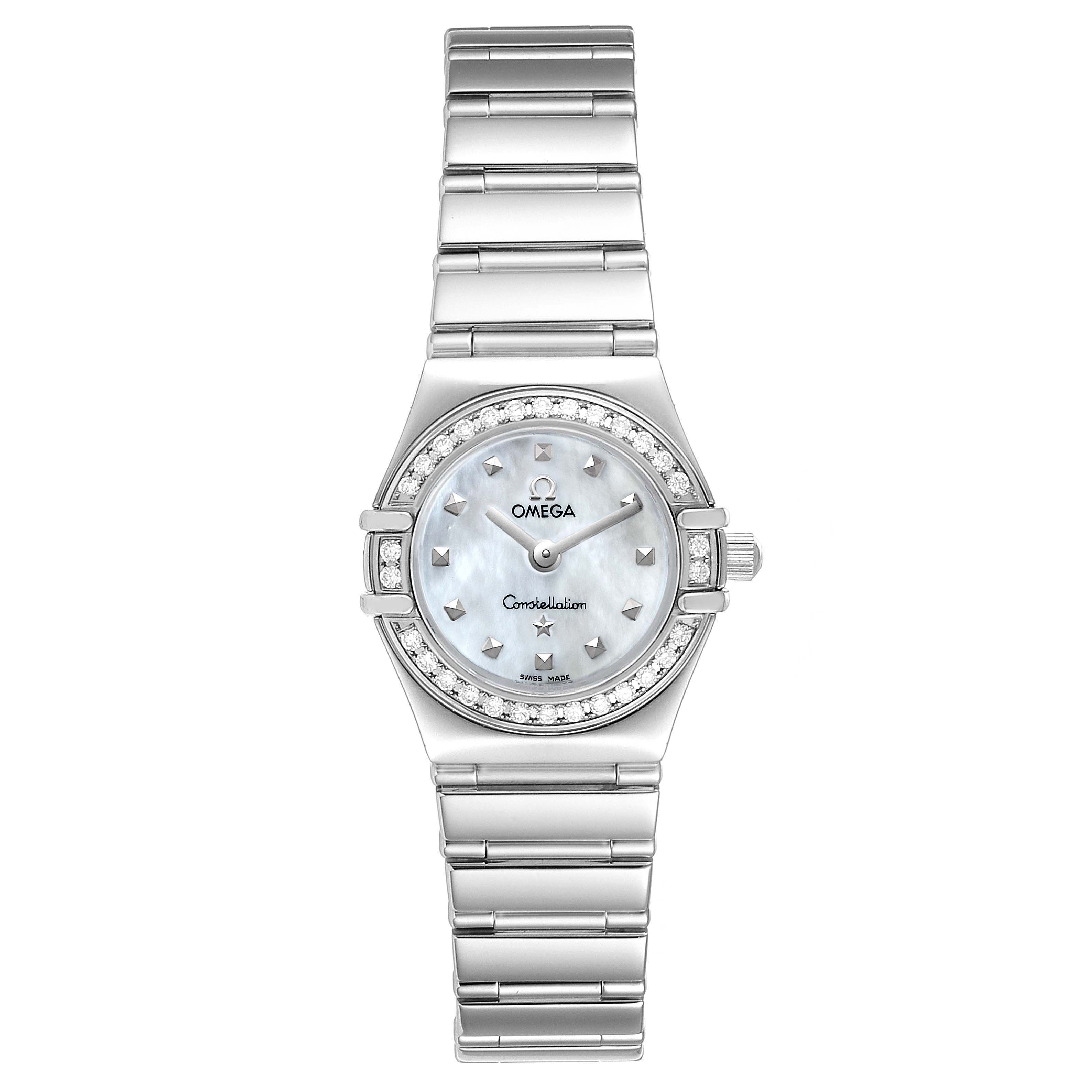This image shows the Omega 1465.71.00 Women's Stainless Steel Mother of Pearl Dial 1465.71.00 Women's Stainless Steel Mother of Pearl Dial Constellation My Choice Diamond Steel Ladies Watch 1465.71.00 from a front angle, displaying the face and bracelet.