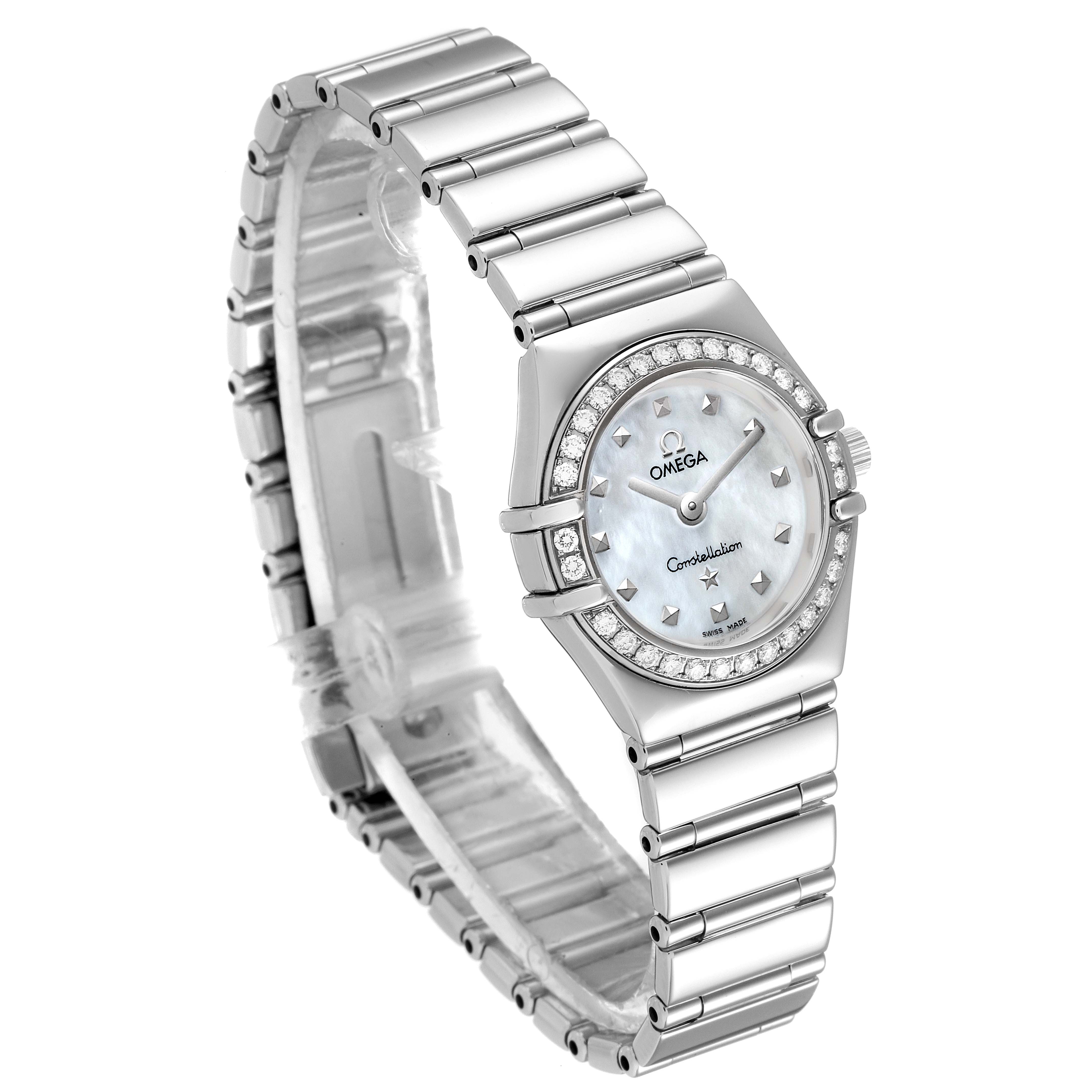 The image shows an angled view of the Omega 1465.71.00 Women's Stainless Steel Mother of Pearl Dial 1465.71.00 Women's Stainless Steel Mother of Pearl Dial Constellation My Choice Diamond Steel Ladies Watch 1465.71.00, highlighting the face and bracelet.