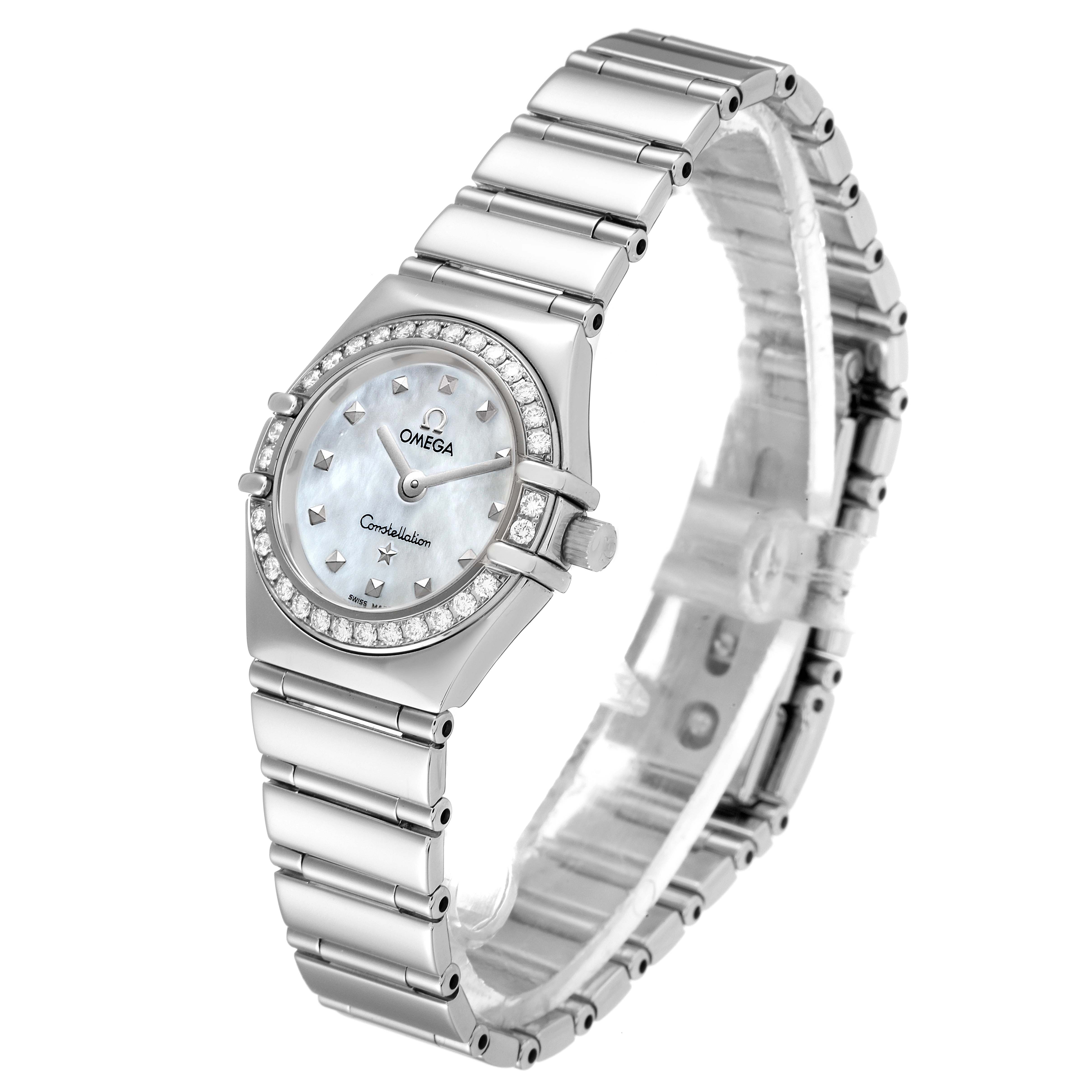 This image shows the Omega 1465.71.00 Women's Stainless Steel Mother of Pearl Dial 1465.71.00 Women's Stainless Steel Mother of Pearl Dial Constellation My Choice Diamond Steel Ladies Watch 1465.71.00 at an angled side view, highlighting its dial and bracelet.