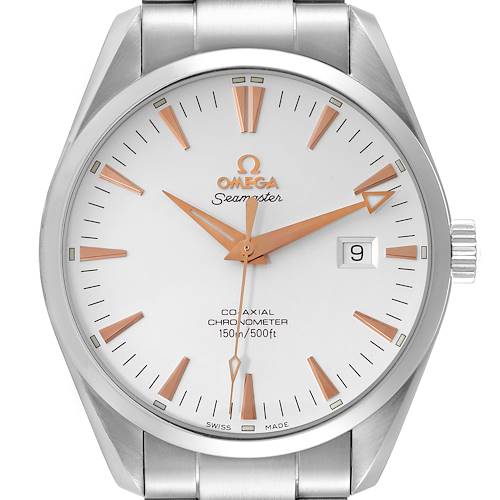 The image shows the face and bezel of an Omega Seamaster Aqua Terra watch, displaying the time and date.