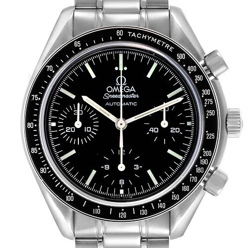 The Omega Speedmaster 3539.50.00 Men's Stainless Steel Black Dial 3539.50.00 Men's Stainless Steel Black Dial watch is shown from the front, displaying the dial, tachymeter, and chronograph subdials.