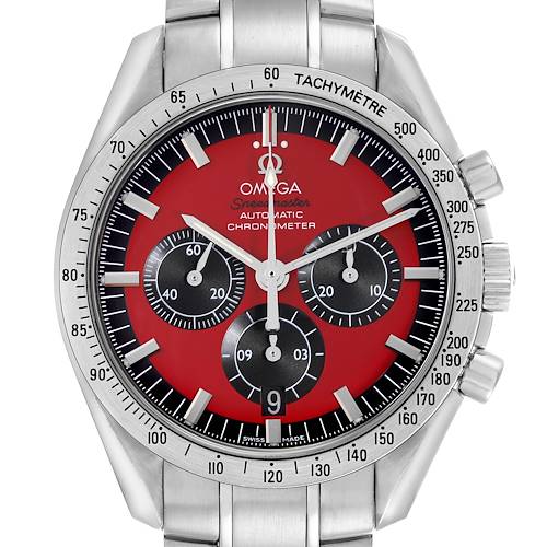 The Omega Speedmaster 3506.61.00 Men's Stainless Steel Red Dial 3506.61.00 Men's Stainless Steel Red Dial watch is shown from the front, highlighting its red dial and tachymètre bezel.