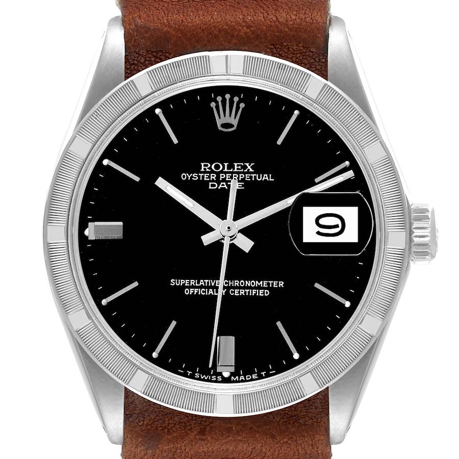 The image shows a frontal view of the Rolex Date 1501 Men's Stainless Steel Black Dial 1501 Men's Stainless Steel Black Dial model, highlighting its black dial, silver hands, date window, and brown leather strap.