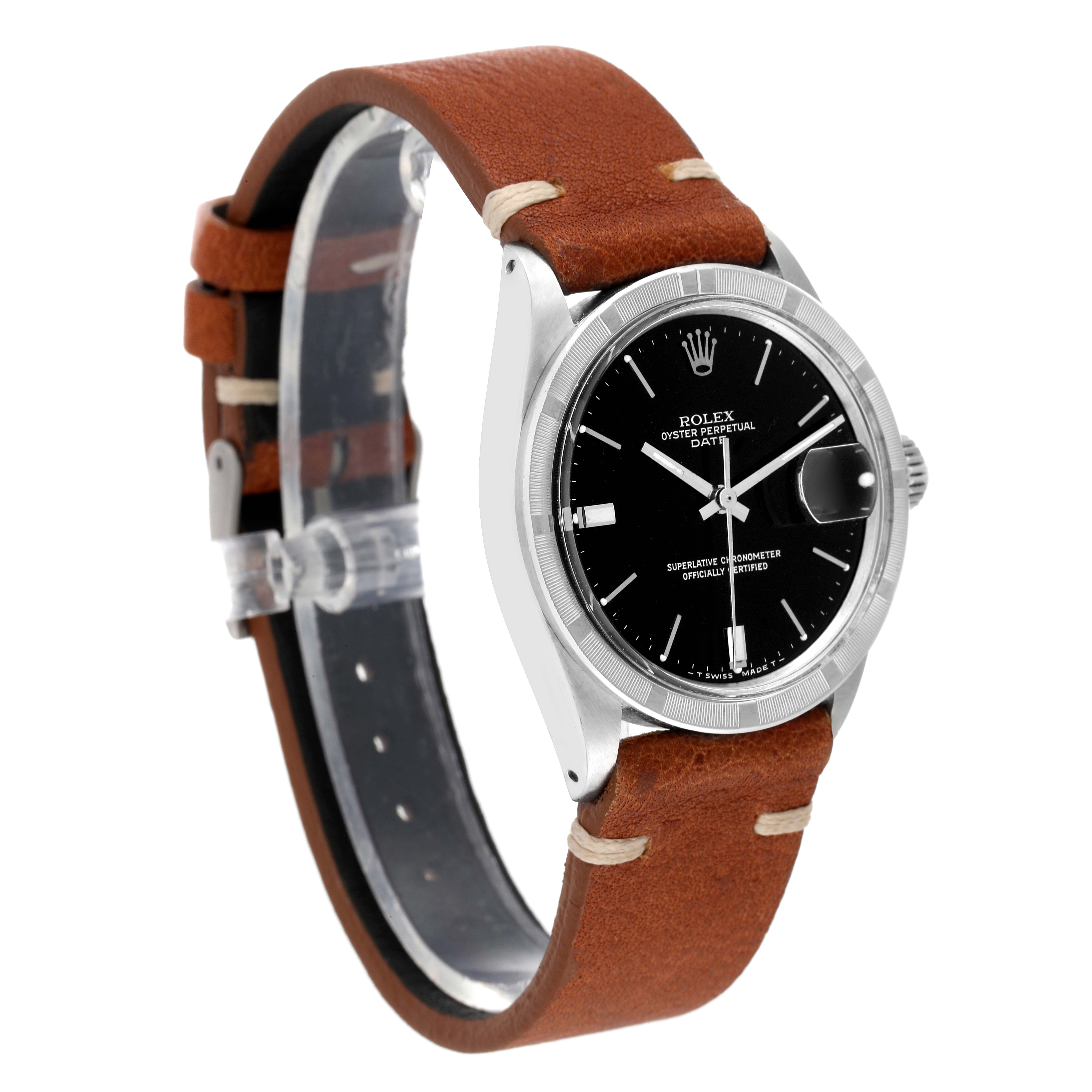 This image shows a side-angle view of a Rolex Date 1501 Men's Stainless Steel Black Dial 1501 Men's Stainless Steel Black Dial model wristwatch with a black dial and brown leather strap.