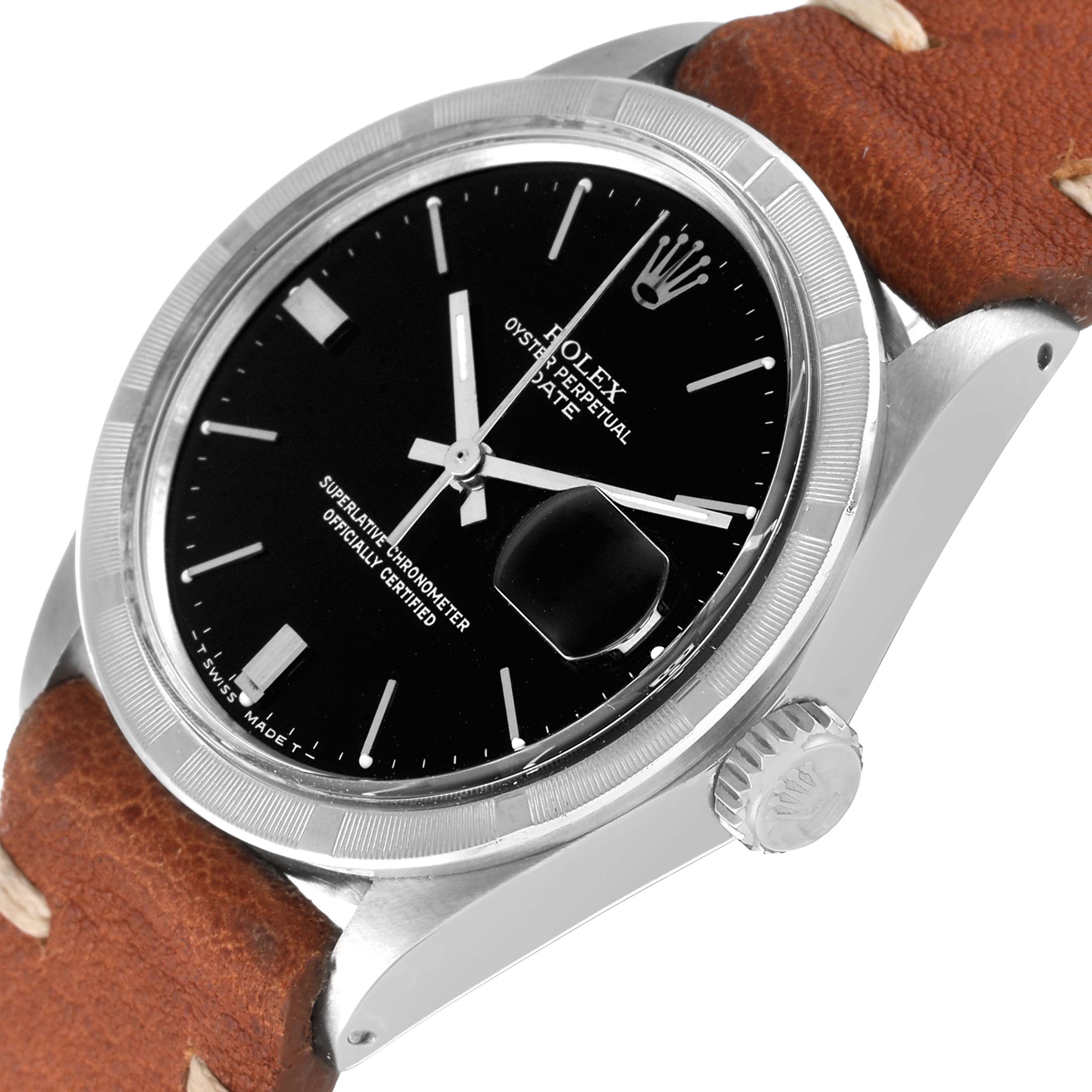 This image shows a close-up angle of the Rolex Date 1501 Men's Stainless Steel Black Dial 1501 Men's Stainless Steel Black Dial model, displaying its black dial, crown, and part of the brown leather strap.