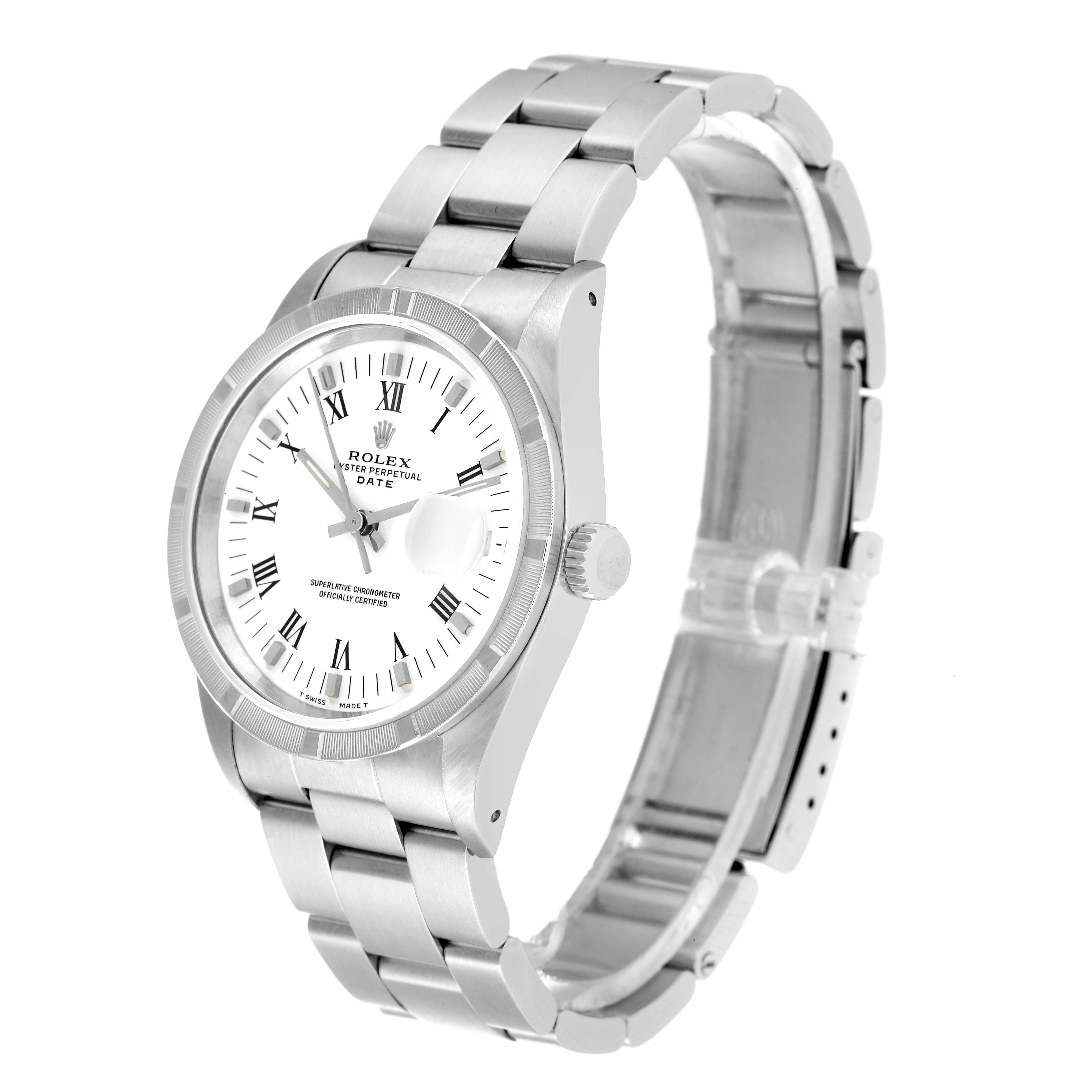 The image shows a Rolex Date 15210 Men's Stainless Steel White Dial 15210 Men's Stainless Steel White Dial model watch at an angled view, displaying the dial, bezel, crown, and metal bracelet.