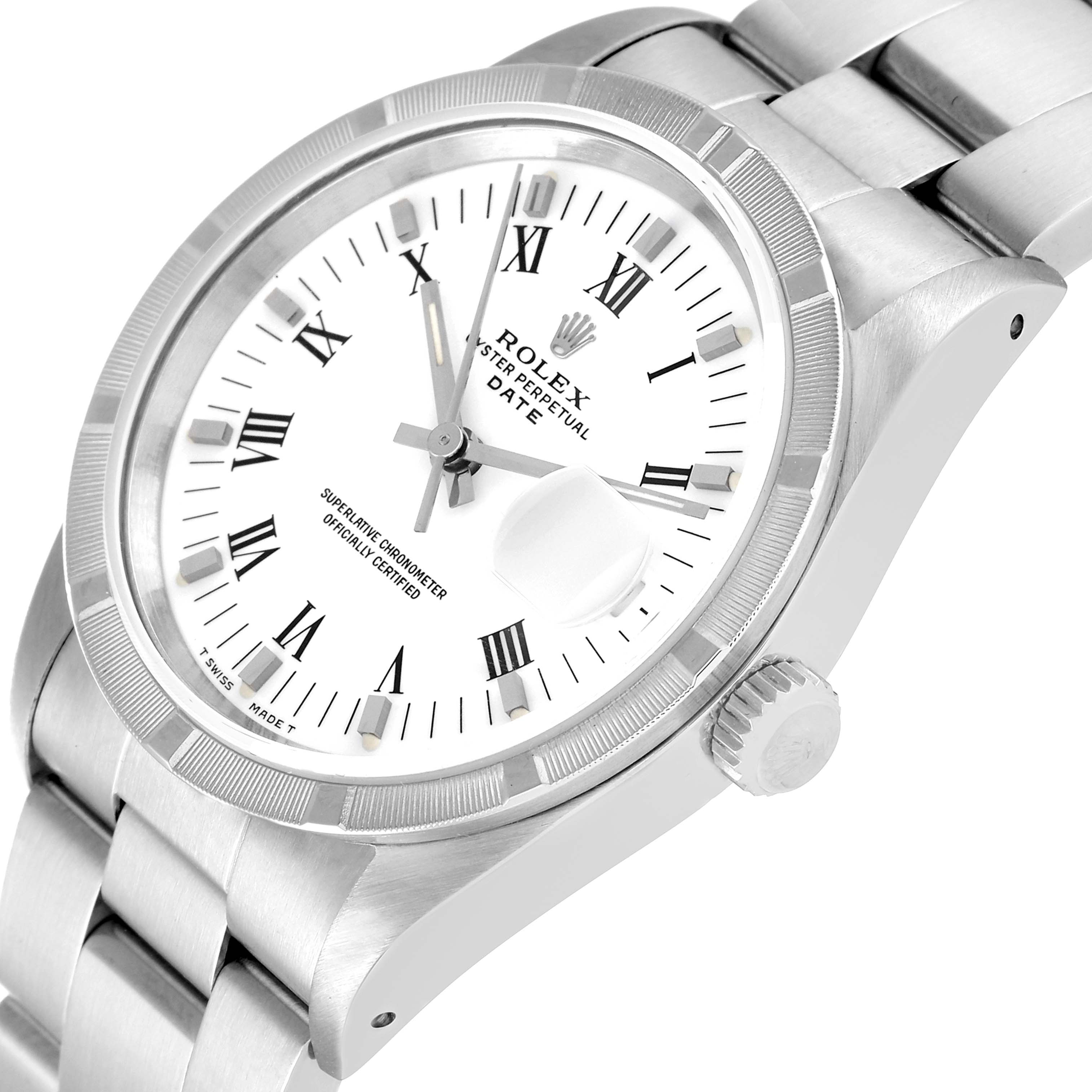 The image shows a close-up angle of the face, crown, and part of the bracelet of a Rolex Date 15210 Men's Stainless Steel White Dial 15210 Men's Stainless Steel White Dial model watch.