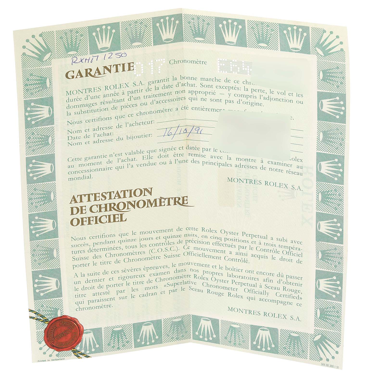 The image shows a warranty certificate for a Rolex Date 15210 Men's Stainless Steel White Dial 15210 Men's Stainless Steel White Dial model, displayed open with visible text and logos.