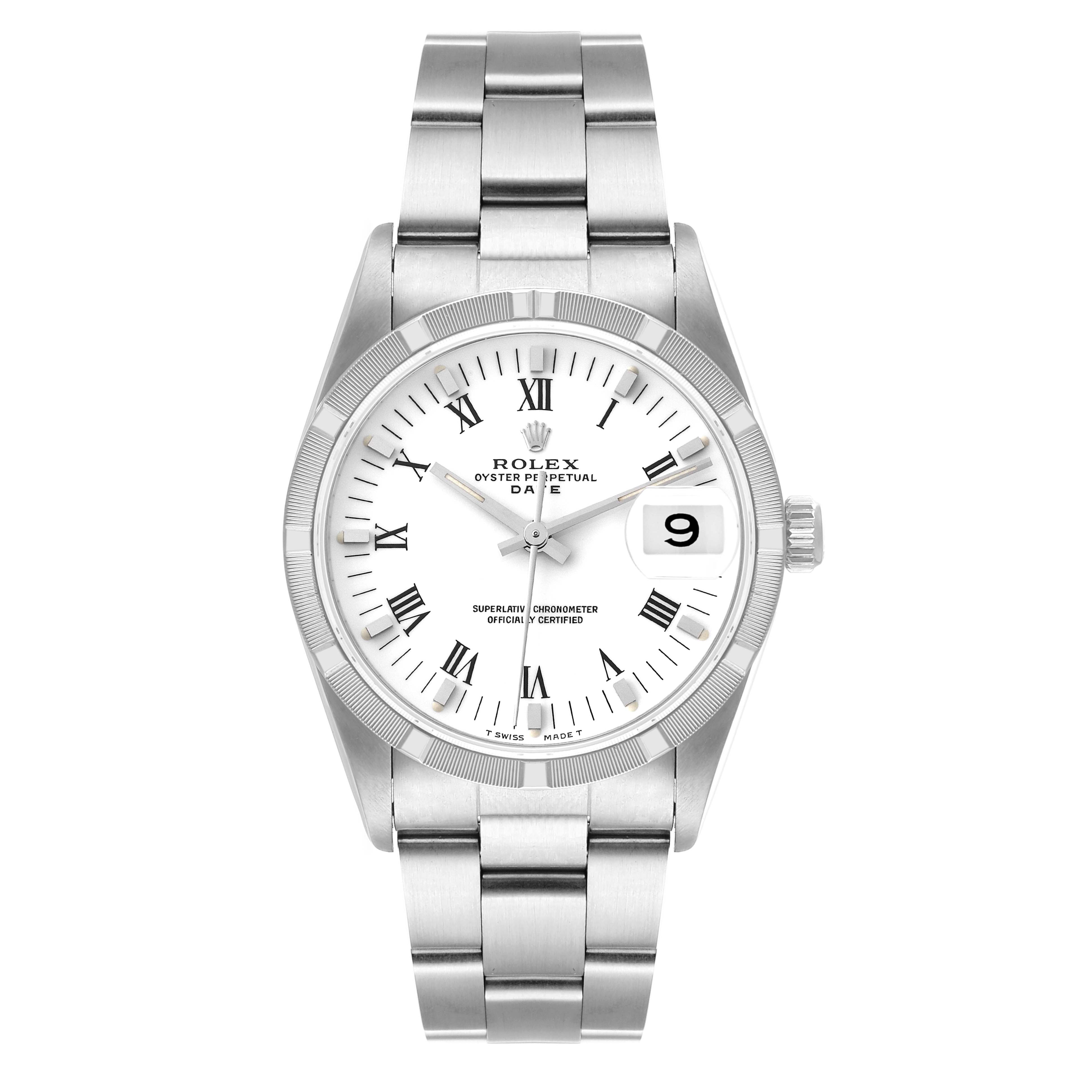 The Rolex Date 15210 Men's Stainless Steel White Dial 15210 Men's Stainless Steel White Dial model watch is shown from a front angle, displaying the dial, hands, date window, and bracelet.