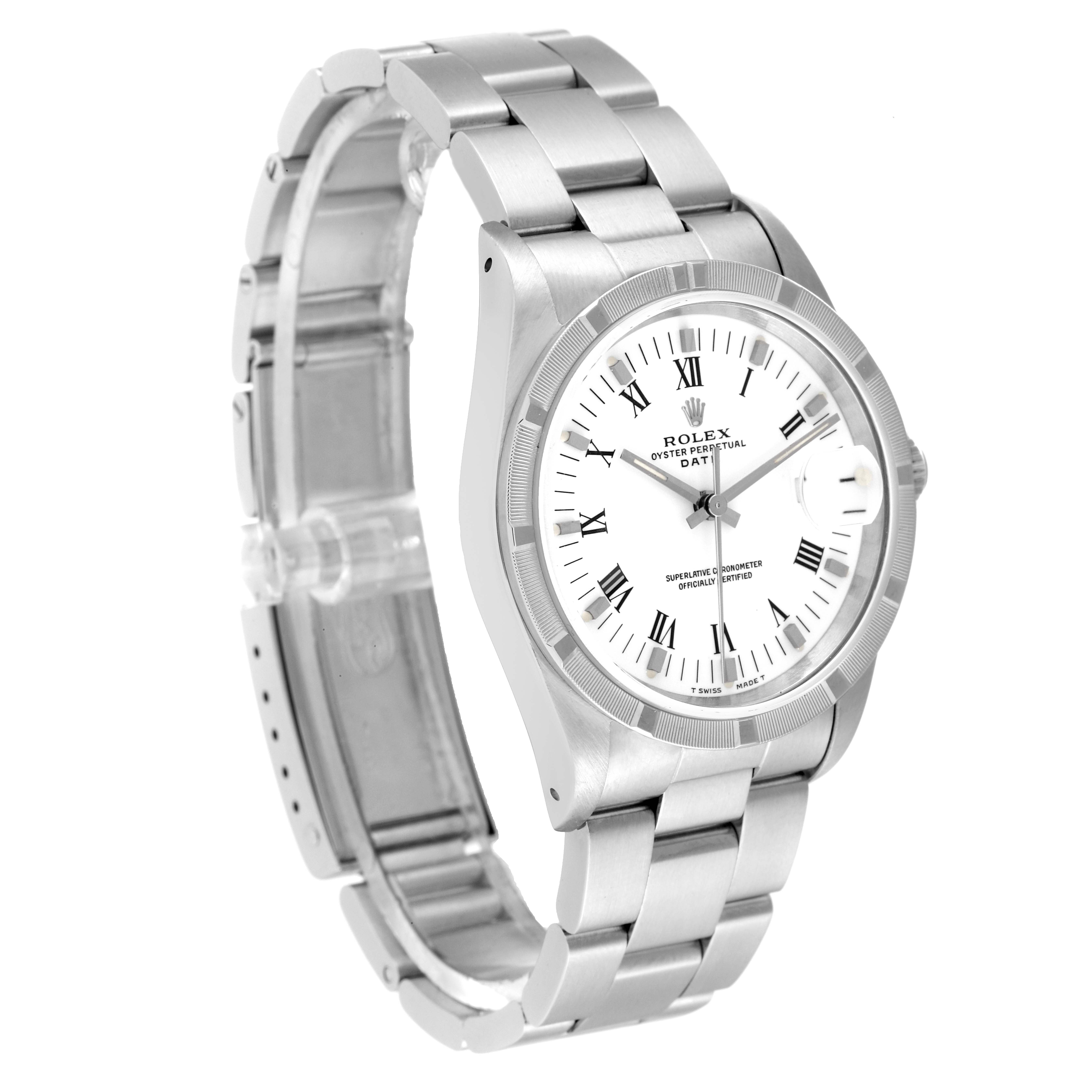 The image shows a Rolex Date 15210 Men's Stainless Steel White Dial 15210 Men's Stainless Steel White Dial watch from a front-left angle, displaying the dial, bezel, and bracelet.