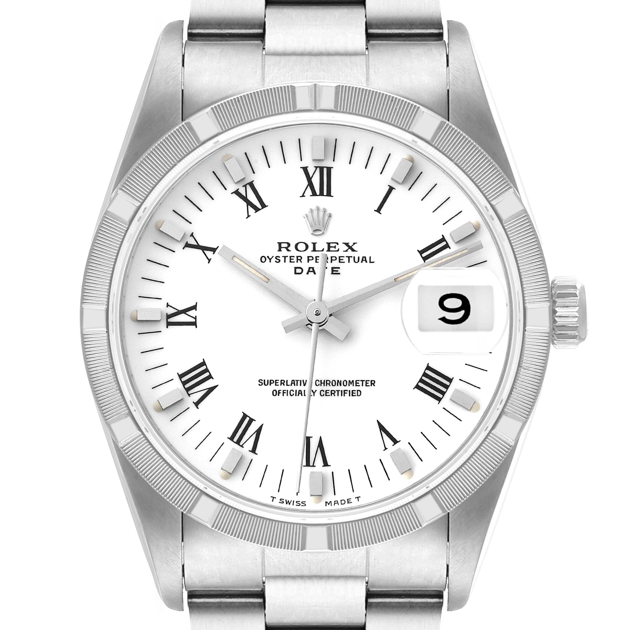 The image shows a front view of the Rolex Date 15210 Men's Stainless Steel White Dial 15210 Men's Stainless Steel White Dial model watch, highlighting the dial, bezel, and part of the bracelet.