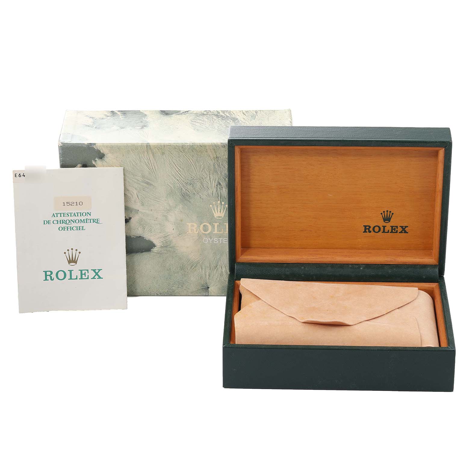 The image shows a Rolex Date 15210 Men's Stainless Steel White Dial 15210 Men's Stainless Steel White Dial model watch box, certification papers, and a suede watch pouch, all viewed from a front angle.