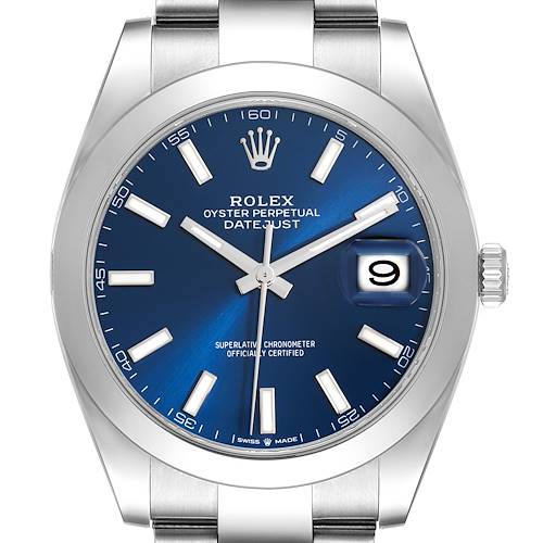 The Rolex Datejust 41 126300 Men's Stainless Steel Blue Dial 126300 Men's Stainless Steel Blue Dial is shown from a front angle, highlighting the blue dial and silver bracelet.