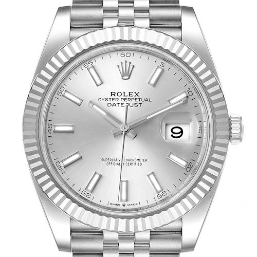 The image shows a front view of the Rolex Datejust 41 126334 Men's Stainless Steel Silver Dial 126334 Men's Stainless Steel Silver Dial watch, highlighting the dial, hands, bezel, and part of the bracelet.