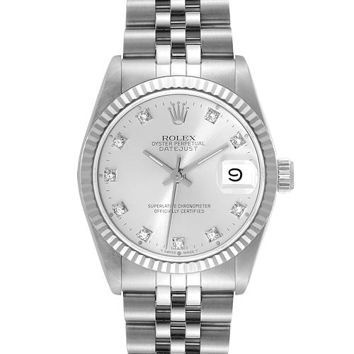 The image shows a front view of the Rolex Datejust Mid-Size watch, highlighting its dial, bezel, and bracelet.