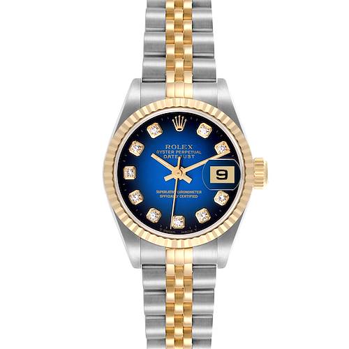 The Rolex Datejust 69173 Women's Steel and Gold (two tone) Blue Dial 69173 Women's Steel and Gold (two tone) Blue Dial watch is shown from the front, displaying the dial, fluted bezel, and two-tone bracelet.