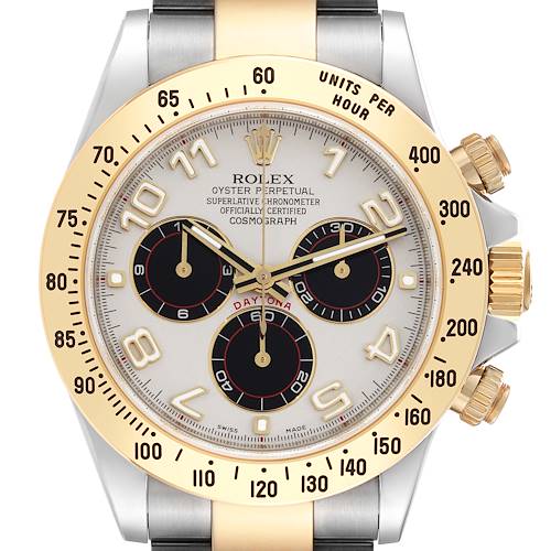 The angle shows the Rolex Daytona 116523 Men's Steel and Gold (two tone) Silver Dial 116523 Men's Steel and Gold (two tone) Silver Dial watch face and bezel, highlighting the dial and chronograph features.