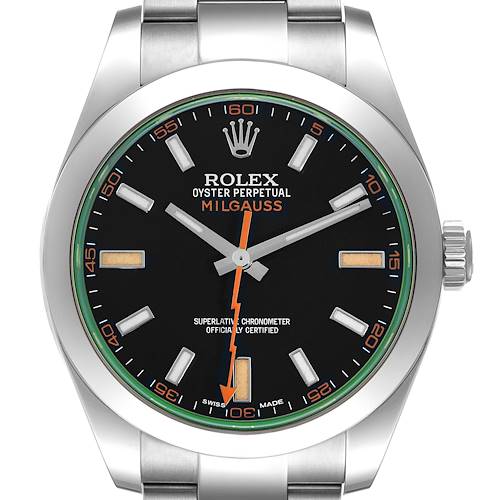 The Rolex Milgauss 116400 Men's Stainless Steel Black Dial 116400 Men's Stainless Steel Black Dial watch is shown from a front angle, showcasing the face, bezel, and partial bracelet.