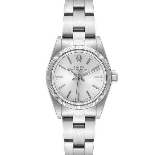 This image shows a Rolex Oyster Perpetual 76030 Women's Stainless Steel Silver Dial 76030 Women's Stainless Steel Silver Dial watch from a front angle, displaying the face and a portion of the bracelet.