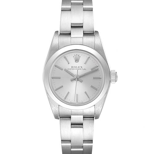 This image shows a frontal view of the Rolex Oyster Perpetual 76080 Women's Stainless Steel Silver Dial 76080 Women's Stainless Steel Silver Dial watch, displaying its full face and bracelet.