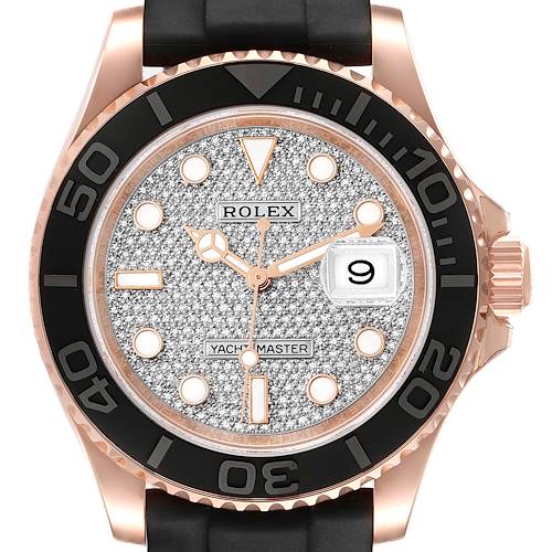 This image shows the face and bezel of a Rolex Yacht-Master 116655 Men's Rose Gold Pink Dial 116655 Men's Rose Gold Pink Dial watch, highlighting its dial, hands, and date window.