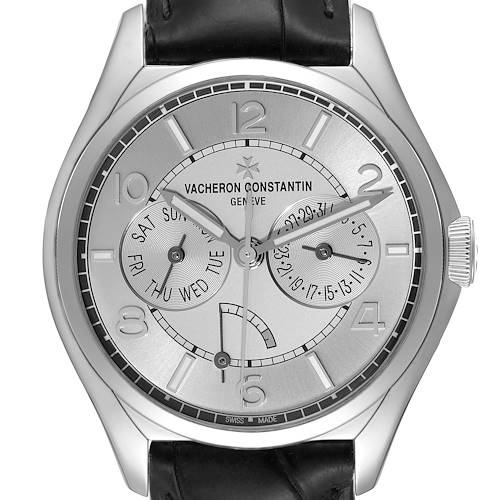 The image shows a front view of the Vacheron Constantin Fiftysix 4400E/000A-B437 Men's Stainless Steel Silver Dial 4400E/000A-B437 Men's Stainless Steel Silver Dial model watch, displaying the dial and various indicators.
