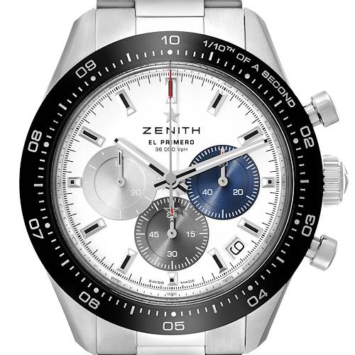 The image shows the dial of a Zenith Chronomaster 03.3100.3600 Men's Stainless Steel White Dial 03.3100.3600 Men's Stainless Steel White Dial watch, highlighting its sub-dials, bezel, and hands.