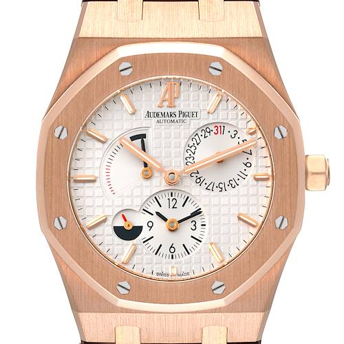 The image shows a close-up of the Audemars Piguet Royal Oak 26120OR.00.D088CR.01 Men's Rose Gold Silver Dial 26120OR.00.D088CR.01 Men's Rose Gold Silver Dial watch face, highlighting its dial, hands, and surrounding bezel.