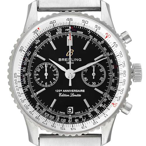 The image shows a frontal view of a Breitling Navitimer A26322 Men's Stainless Steel Black Dial A26322 Men's Stainless Steel Black Dial watch, displaying its dial, bezel, and chronograph subdials.