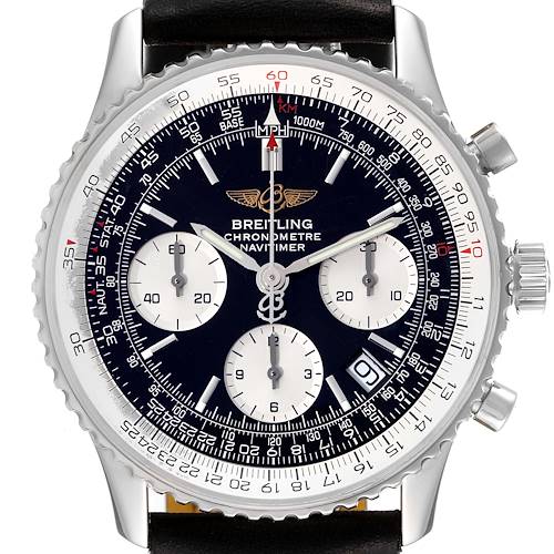 The image shows a front view of the Breitling Navitimer A23322 Men's Stainless Steel Black Dial A23322 Men's Stainless Steel Black Dial watch, featuring its bezel, three subdials, hands, and date window.